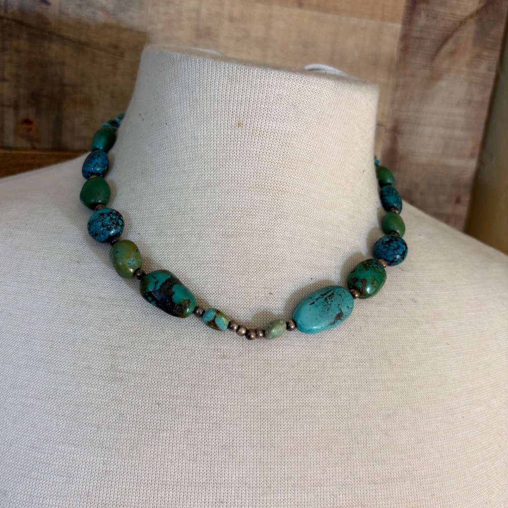 Natural Turquoise Beaded Nugget Necklace Southwestern Boho Teal Green